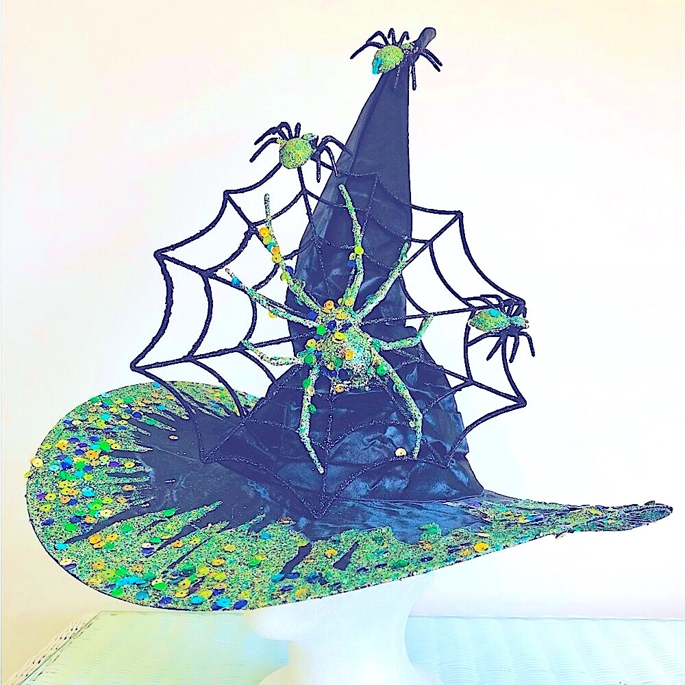 WITCH HAT Black satin green Sparkles crawling with spiders & Lg web 1 Of a kind - Picture 4 of 16